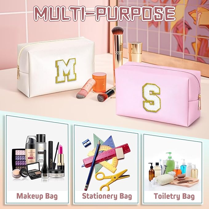 TOPEAST Initial Makeup Bags for Women, Personalized Portable Cosmetic Bag for Travel, Cute Makeup Pouch, PU Leather Waterproof Toiletry Bag, Preppy Things for Girl (White V)