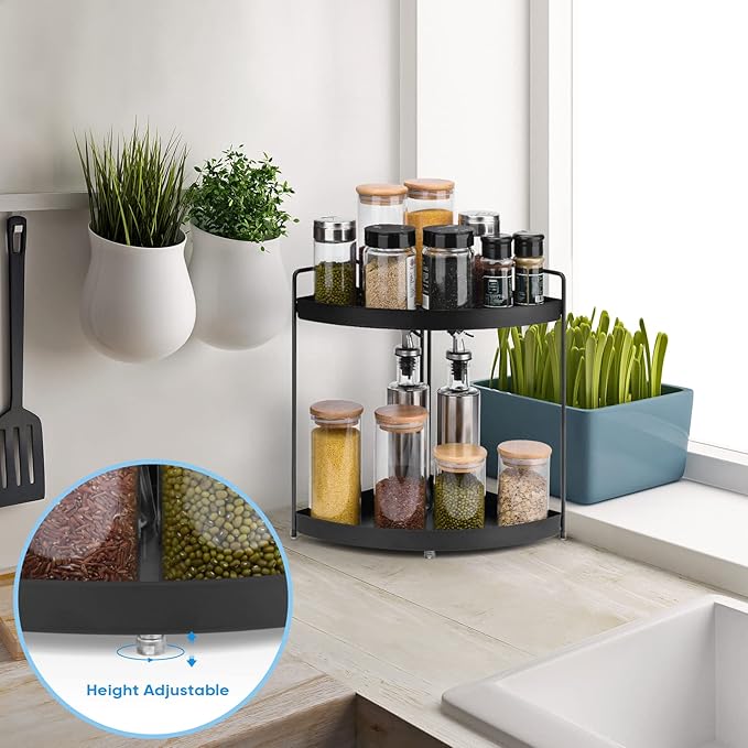 2 Tier Corner Shelf Rack Kitchen Counter Cabinet Bathroom Organizer Makeup Cosmetic countertop Organization and Storage Under Sink Organizers Perfume Trays for Dresser Black