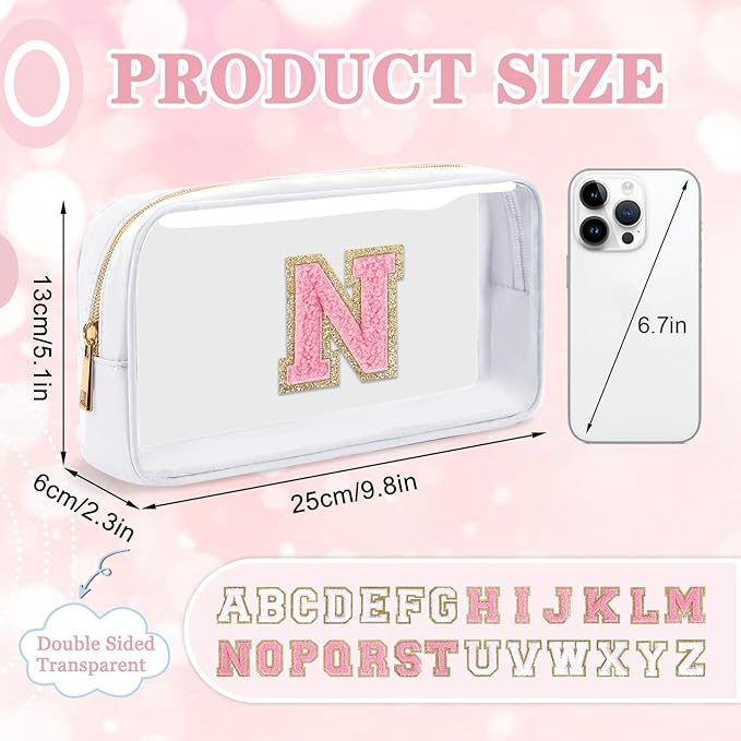 Small Clear Personalized Initial Makeup Bag,Nylon Preppy A-Z Chenille Letter Patch Cosmetic Pouch Beach Toiletry Bag,Waterproof Zipper Travel Purse Storage Bag Organizer for Women Girls(White-Pink N)
