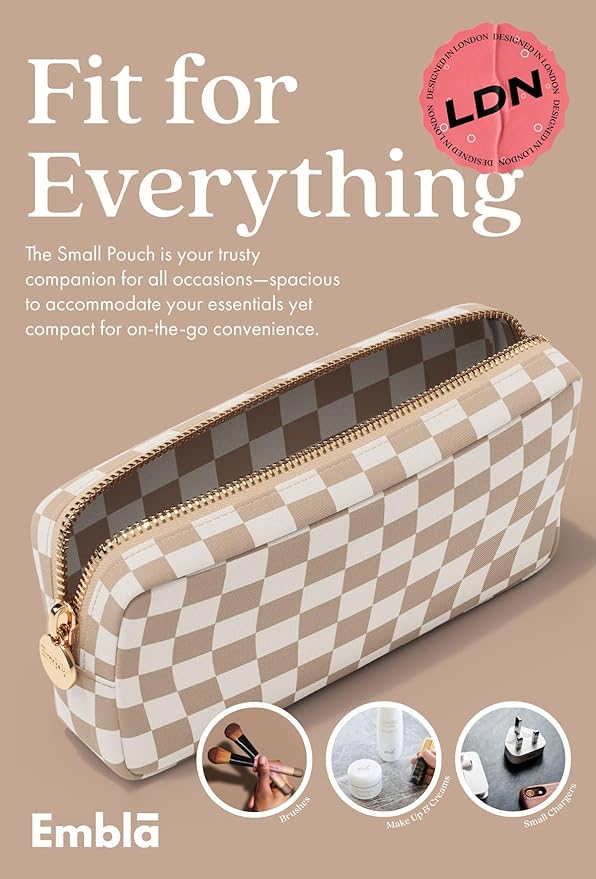 Embla Makeup Bag Travel Cosmetics Pouch and Toiletry Bag, Nylon Zipper Pouch Purse, Cute Make Up Organizer Storage Tote for Women Girls, Travel Skincare Case, Small Makeup Case, Sand Checkered