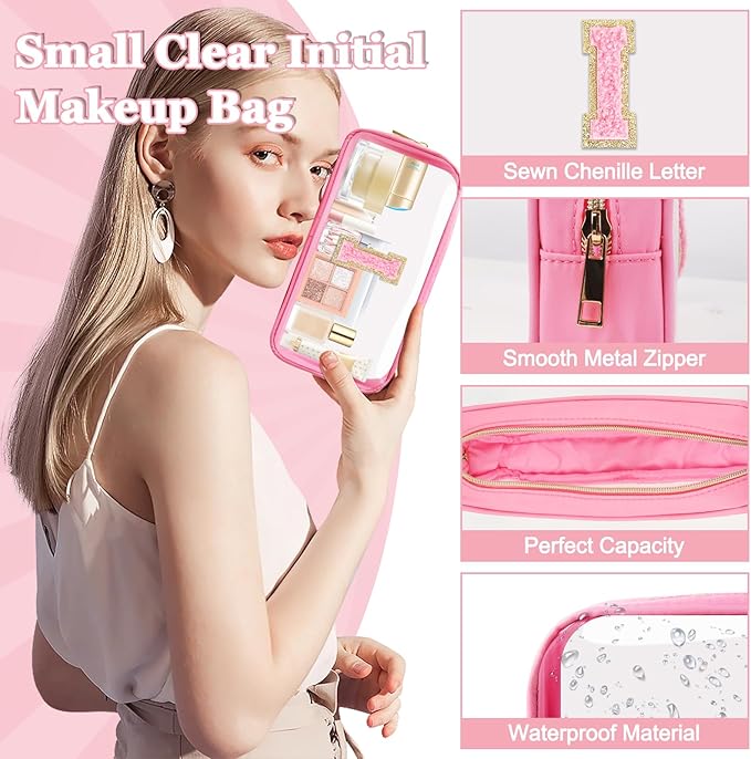 Small Clear Personalized Initial Makeup Bag,Nylon Preppy A-Z Chenille Letter Patch Cosmetic Pouch Beach Toiletry Bag,Waterproof Zipper Travel Purse Storage Bag Organizer for Women Girls(Pink-Pink I)
