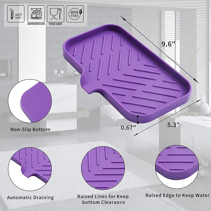 Silicone Bathroom Soap Dishes with Drain Spout-Bathroom and Kitchen Sink Organizer,Sponge Holder,Dish Soap Tray,Perfect for Dispenser,Scrubber,Bottle,Cup on Sink or Counter-Purple 9.6"×5.3"