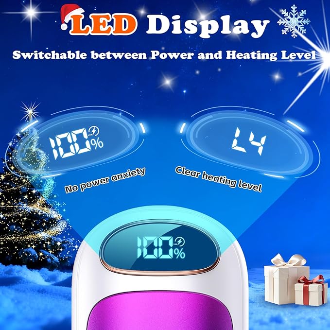 Rechargeable Hand Warmer 2 Pack, LED Display & 4 Levels, Ultrathin Electric Hand Warmers Portable USB Pocket Heater Fits Gloves for Hunting Essentials, Camping, Raynauds, Gifts for Christmas