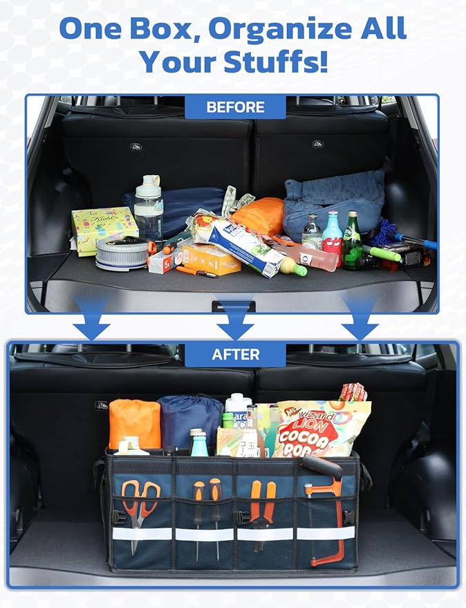 Oasser Car Trunk Organizer Collapsible Multi Compartments Trunk Organizer for SUV with Foldable Cover Reflective Strip (Standard, Blue)