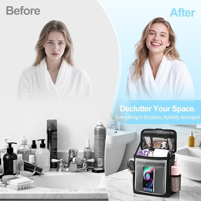 Hanging Shower Caddy Portable, Travel Toiletry Bag for Men & Women, Large Capacity with Hook,Dorm Room Essentials With Waterproof Phone Compartment, for Bathroom, Picnic, Gym, Travel(Black)