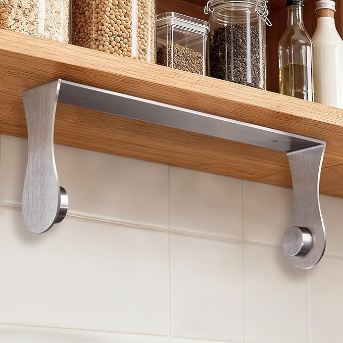 Paper Towel Holder Under Cabinet, Stainless Steel, Adhesive or Screw Mount, Fits Standard & Mega Rolls, Wall Mount Rack for Kitchen, Bathroom, RV, Silver
