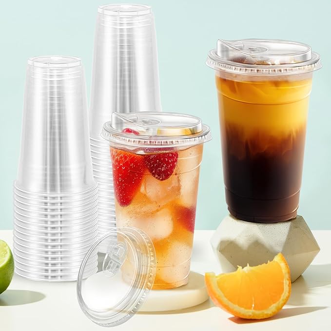 BYSNOW 50 Pack 24 oz Clear Plastic Cups with Lids, Disposable Iced Coffee Cups with Sip Lids, Sturdy Plastic Smoothie Cups for Cold Drinks