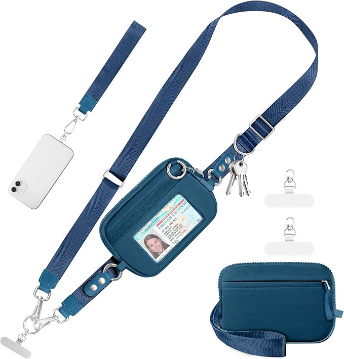 Clip and Go Strap for Phone with Wallet Crossbody Phone Lanyard Adjustable and Detachable RFID Wristlet Wallet with ID Window and Zipper, Blue