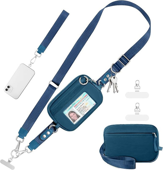 Clip and Go Strap for Phone with Wallet Crossbody Phone Lanyard Adjustable and Detachable RFID Wristlet Wallet with ID Window and Zipper, Blue