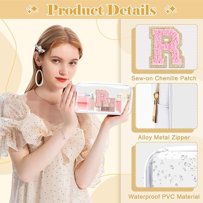 Personalized Initial Letter Clear Makeup Bag,Preppy Small Nylon&PVC Cosmetic Zipper Bag with Chenille Letter,Travel Skincare Toiletry Bag,Monogram Christmas Gift for Teen Girls Women,R