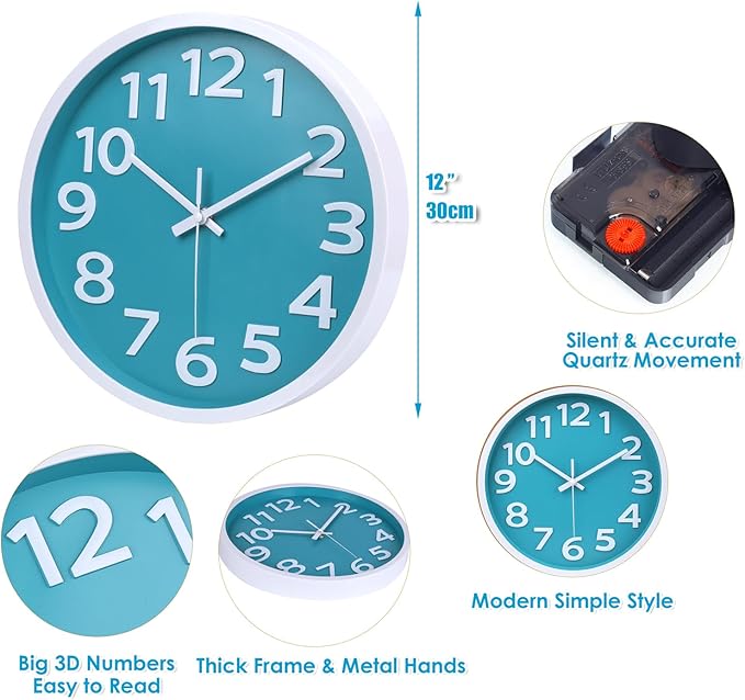 Wall Clock Silent Non Ticking Indoor Outdoor Clock Battery Operated Easy to Read Analog Coastal Decor Clocks for Bedroom Office Home Patio Pool Porch Decor,12 Inch Aqua