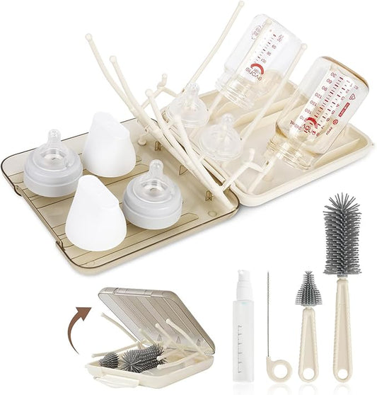 Baby Bottle Brush Set, 6-in-1 Travel Bottle Cleaning Kit with Silicone Bottle Brush, Nipple & Straw Brush, Soap Dispenser, Drying Rack, Storage Box – Compact Travel Baby Essential for Home & On-The-Go