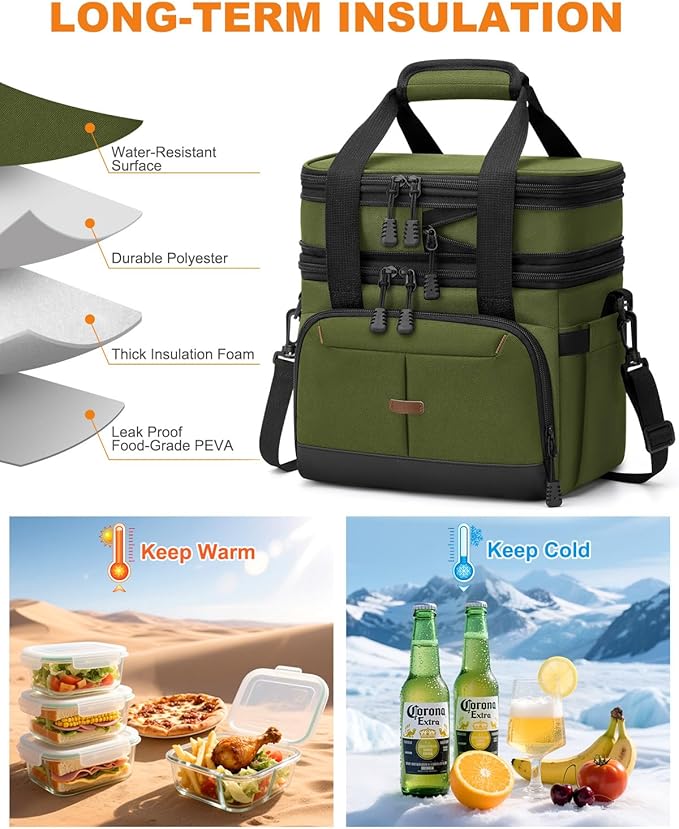 Pritent Lunch Box For Men Women Double Deck Insulated Lunch Bag For Men Woman Leakproof Expandable Cooler Bag with Adjustable Shoulder Strap for Work Shool Picnic(Green,Medium)