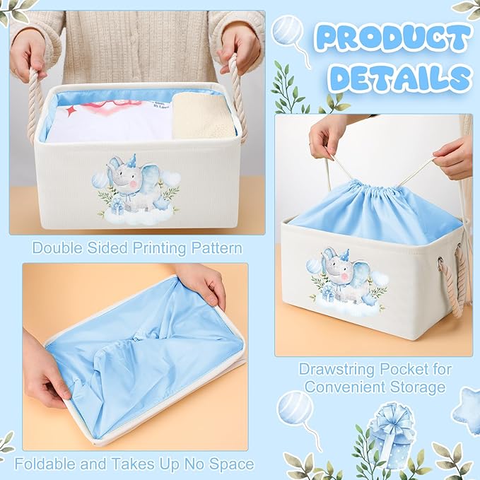 Pickmesh Baby Shower Storage Basket with Gift Bags Rectangular Ribbons Collapsible Canvas Storage Bin with Handles for Diaper Organizing Toy Home DIY Gift Basket, 13 x 9. 1 x 7. 1 Inch(Blue Elephant)