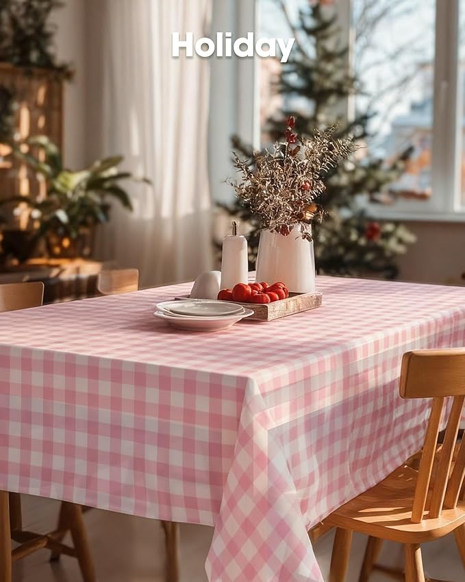 Pureegg Plastic Table Cloth Disposable 10 Pack, 54 x 108 Inch Table Cloths, Party, Picnic, Decorative Gingham Tablecloths, Rectangle, Pink and White Checkered Cover, Leakproof & Sturdy, Pink Plaid