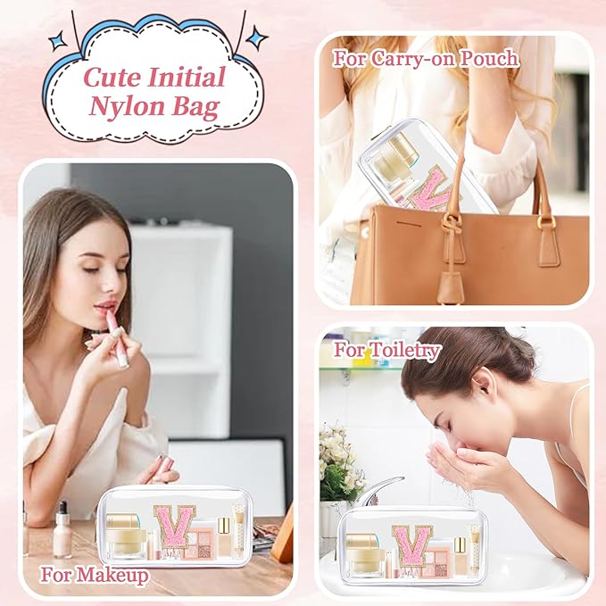 Small Clear Personalized Initial Makeup Bag, Preppy Nylon A-Z Chenille Letter Patch Makeup Organizer TSA Approved Travel Toiletry Bag,Waterproof Zip Beach Cosmetic Pouch Purse for Women(White-Pink V)