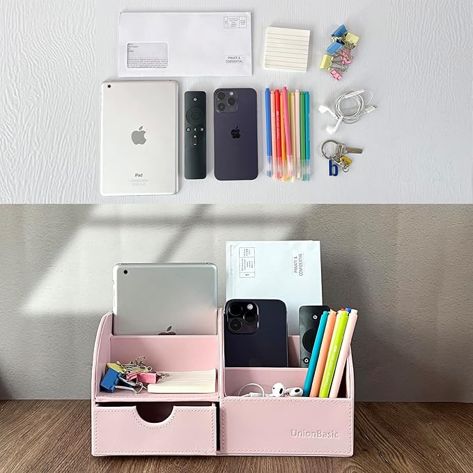 UnionBasic Desk Organizer - Multifunctional Leather Desktop Pen Holder Storage Box - Business Card/Pen/Pencil/Mobile Phone/Stationery Holder, Orchid Pink