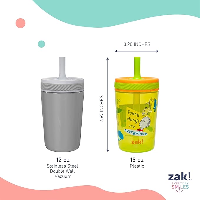 Zak Designs Dr. Seuss Kelso Toddler Cups For Travel or At Home, 15oz 2-Pack Durable Plastic Sippy Cups With Leak-Proof Design is Perfect for Kids (One Fish, Two Fish)