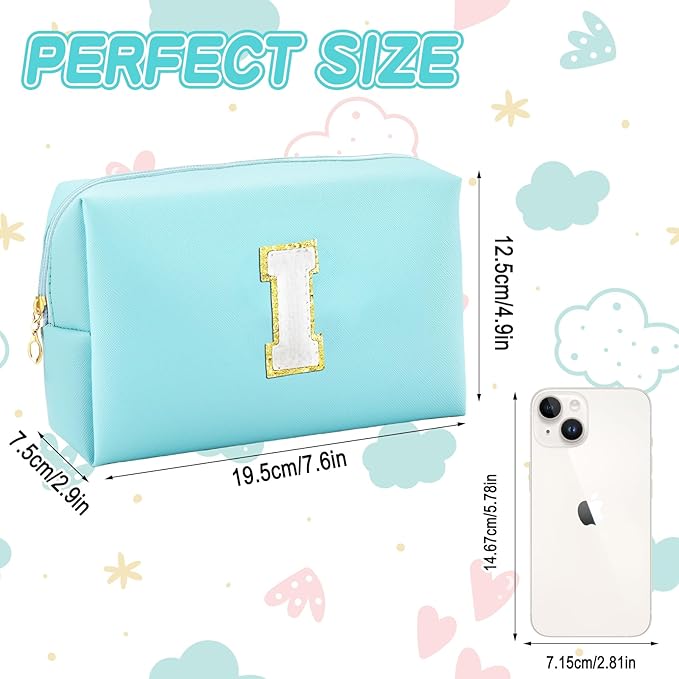 Gifts for Girls Initial Makeup Bag Personalized Cosmetic Bag with Zipper Cute Travel Toiletry Bag Waterproof PU Preppy Makeup Pouch Birthday Gift for Teen Girls Women(Blue I)
