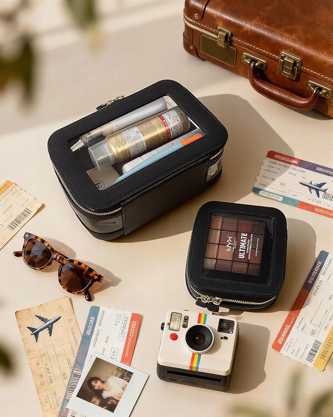 Clear Makeup Bag Set, Small Portable Clear Makeup Bag Cute Waterproof Travel Cosmetic Bag Makeup Pouch TSA Approved Toiletry Bag Women Traveling Car Organizer Car Essentials (Black, Standard + Mini)