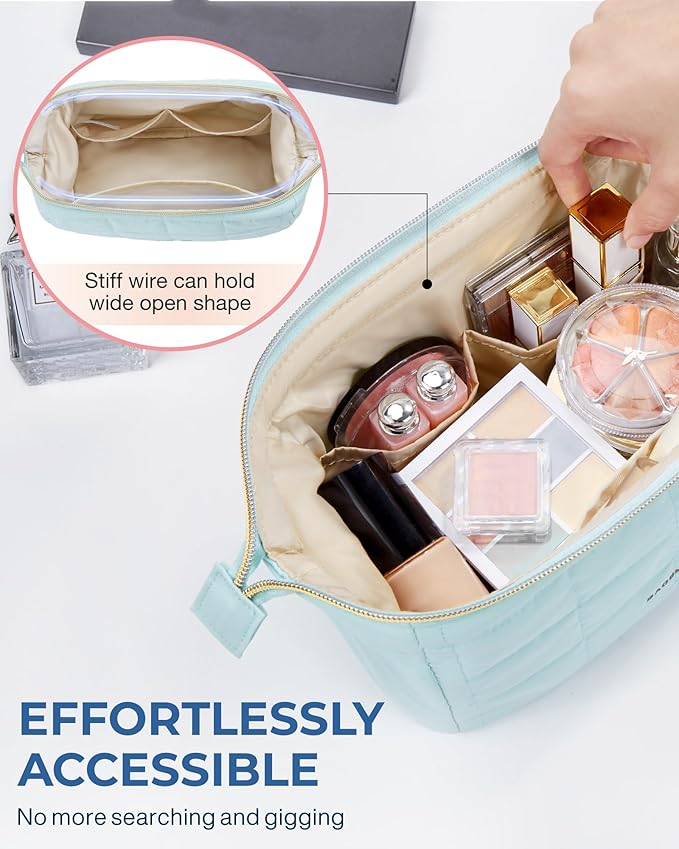 BAGSMART Makeup Bag Travel Toiletry Bag, Puffy Padded Makeup Bags for Women Makeup Organizer Case, Wide-open Pouch Purse Travel Essentials Toiletries Accessories Brushes, Light Blue