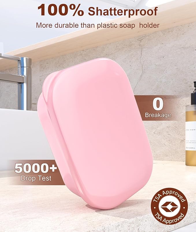 Quatish Leakproof Soap Dish with Lid & Draining Layer, Shatterproof Travel Bar Soap Holder Case Container, Portable Travel Size Toiletries Essentials for Camping, Gym, Bathroom, Pink