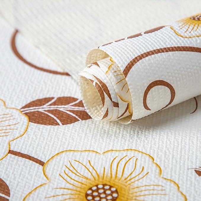 RAY STAR 12X120 Inch Shelf Liner for Kitchen Cabinets, Non-Adhesive Cabinet Liner Washable, PVC Drawer Liner for Dresser Non-Slip Bathroom (Yellow Flower)(2 Roll)