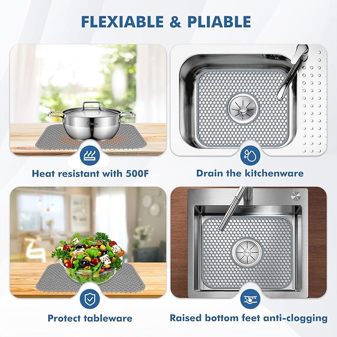2 Pack Silicone Sink Protectors for Kitchen Sink with Center Drain, 13.58''x 11.6'' Non-Slip Heat Resistant Mat Grid for Bottom of Stainless Steel Porcelain (Center Hole)