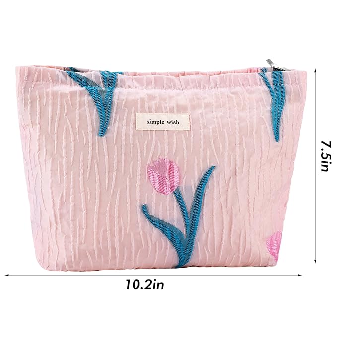 ZLFSRQ Tulip Makeup Bag Travel Cute Pink Flower Floral Cosmetic Bags for Women Large Embroidery Toiletry Pouch Zipper Cosmetic Pouch for Purse Aesthetic Makeup Organizer Bag Portable Toiletry Bags