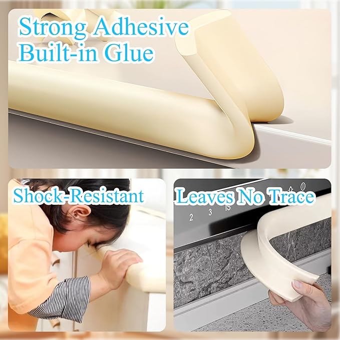 Baby Proofing Edge & Corner Protectors, 1 Roll White Foam L-Shape Self-Adhesive Bumper Strip + 4 Corner Guards, Wall & Furniture Safety Bumpers for Nursery, Kitchen, Fireplace, Table, Desk