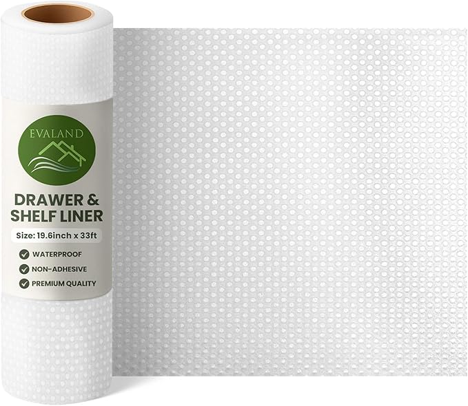 EVALAND Shelf Liners for Kitchen Cabinets Non-Adhesive 19.6" x 33 FT Clear Drawer Liner Non Slip, Washable Cabinet Liner, Waterproof Shelf Liners for Cabinets, Refrigerator Bathroom Pantry Cabinet Mat