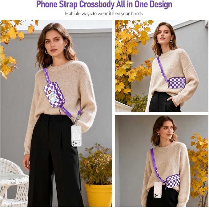 Clip and Go Strap for Phone with Wallet Crossbody Phone Lanyard and Detachable Checkered Bag with ID Window and RFID Pouch for Daily Travel.