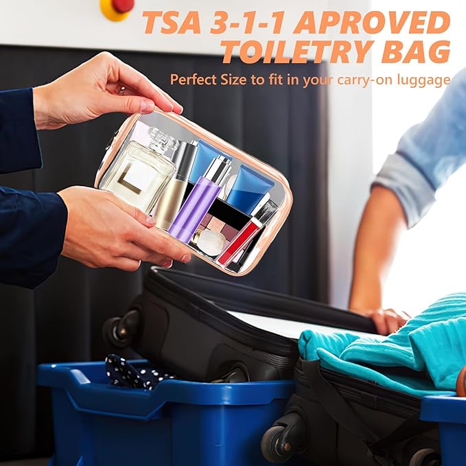 AURUZA 6 Pack Travel Toiletry Bag, Clear Makeup Bag, TSA Approved Cosmetic Bag with Zipper, Clear Organizer Carry on Bag for Women, PVC Cosmetic Pouch (Rose Pink, 6 Packs)