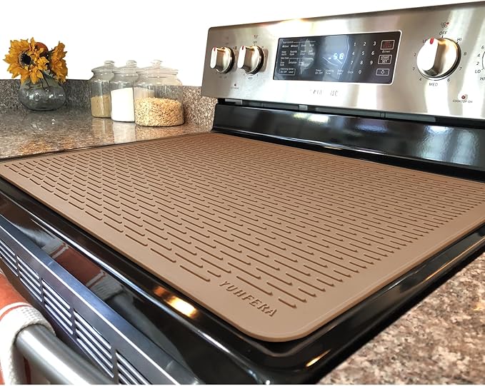 YUHFERA Stove Top Cover for Electric Stove - Silicone Stove Mat for Glass Top, Glass Cooktop Protector, XL Dish Drying Mats for Kitchen,Oven Covers for Electric Stove (Caramel,30 x 21)