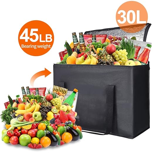 Bodaon 2-Pack Insulated Reusable Grocery Bag Heavy Duty Thermal Tote, X-Large for Frozen Foods Cold Storage, Travel Cooler Shopping Transport Hot Food Delivery, Collapsible Insulated Bags, Black