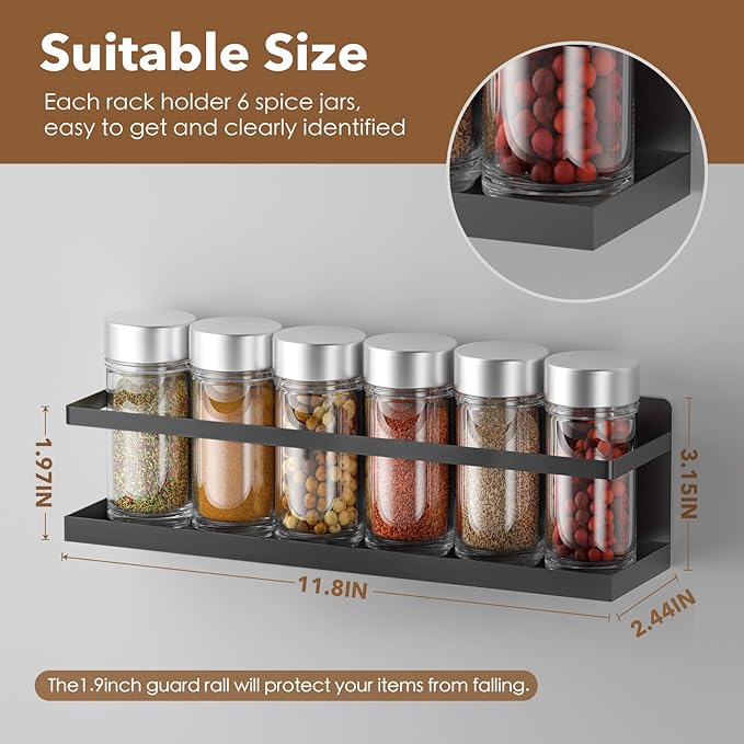 Magnetic Spice Rack for Refrigerator, Magnetic Fridge Shelf for Kitchen Spice Organizer, Spice Rack Wall Mount, Fridge Organizers and Storage (2, Black)