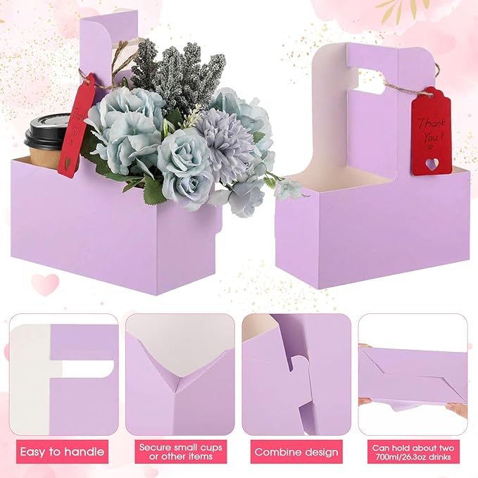 MotiMind 30 Pack Mother's Day 2 Cup Drink Carrier with Handle, Kraft Paperboard Teacher Cup Holder Portable for Hot Cold Drinks, Coffee Carrier Gift with Heart Card Rope (Light Purple)