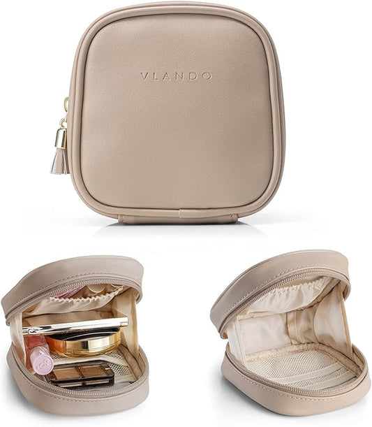 Vlando Mini Makeup Bag, Small Makeup Bag for Purse with Slip-in Pockets, Portable Travel Toiletry Bag with Zipper, Waterproof Makeup Organizer Case for Women - Toffee