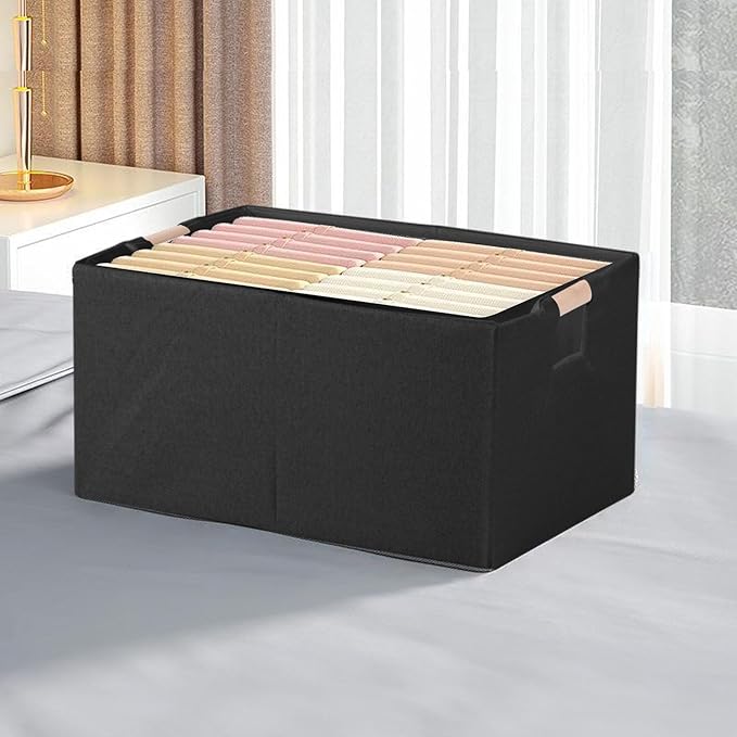 Fabric Storage Bin Box Foldable Cotton Linen Storage Basket with Wooden Handles Rectangular Cube Decorative Home Laundry Organizer Clothes Blanket Container – Black, Medium
