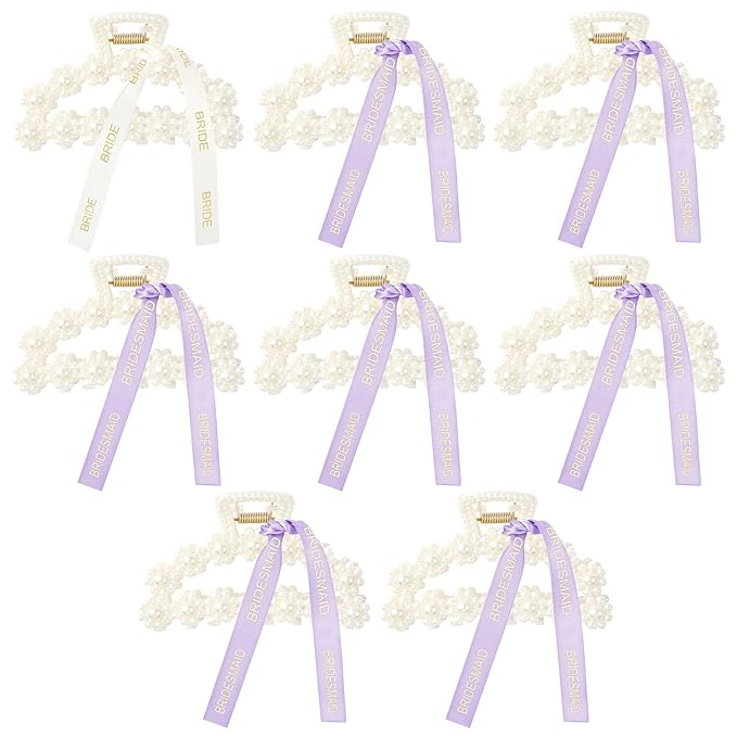 DEEKA Bridesmaid Proposal Gifts 8 Pack Pearl Bridesmaid Hair Claw Clips with Ribbon 3 Inch Hair Clips Bachelorette Party Favors Bridal Party Present Hair Accessories (Half Circle White&Purple)