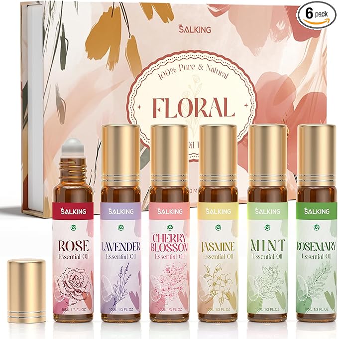SALKING Essential Oils Roll On Set with Dried Flowers(6 Pack), Aromatherapy Oil with Roller Ball for Skin Use, Natural Fragrance Gift - Rose, Lavender, Cherry Blossom, Jasmine, Mint, Rosemary