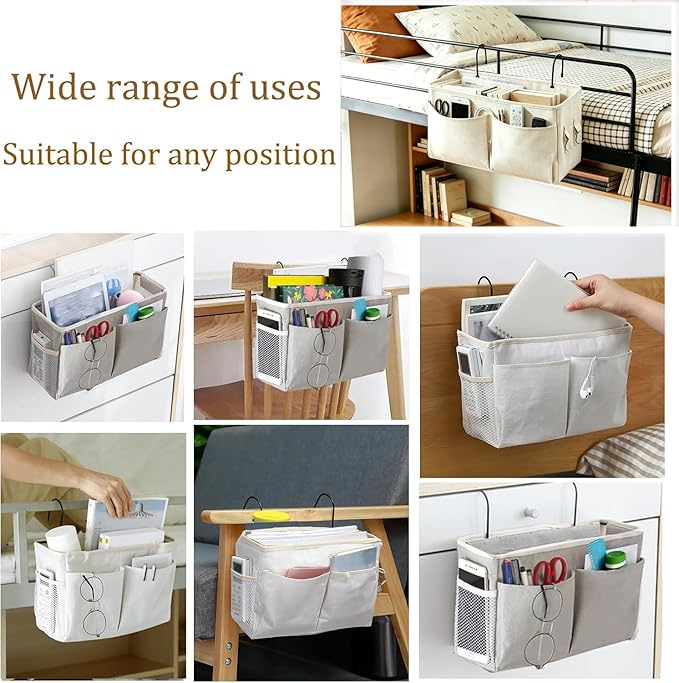 Bedside Caddy Organizer/Bedside Hanging Storage Bag Multi-Function Caddy for Bunk bed Hospital Beds Dorm Bed Rails, Holders Books Glasses Phones Magazine(White)
