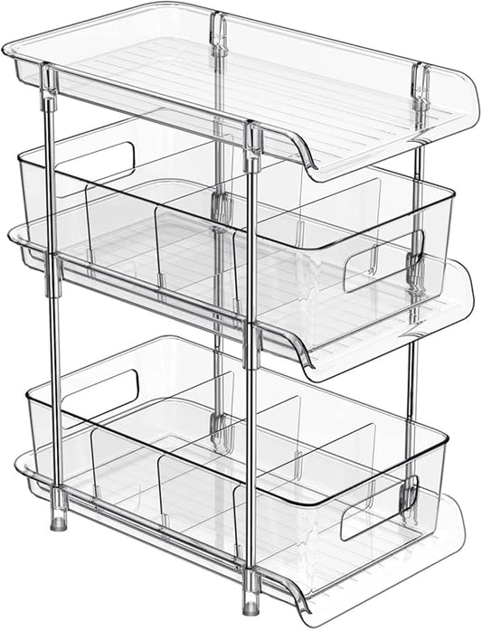 3 Tier Clear Bathroom Organizer with Dividers, Multi-Purpose Pull-Out Pantry Organization and Storage, Under Sink Closet Organizers and Storage, Vanity Skincare Cosmetic Organizer Medicine Bins