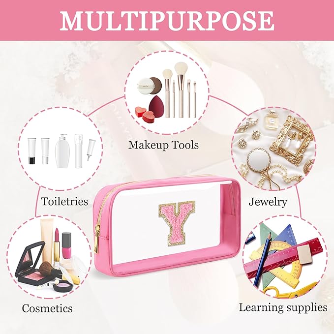 Small Clear Personalized Initial Makeup Bag, Preppy A-Z Chenille Letter Patch Cosmetic Bag, Cute Transparent Nylon Waterproof Zipper Beach Varsity Letter Pouch, Gift for Women Girls(Pink-Pink Y)