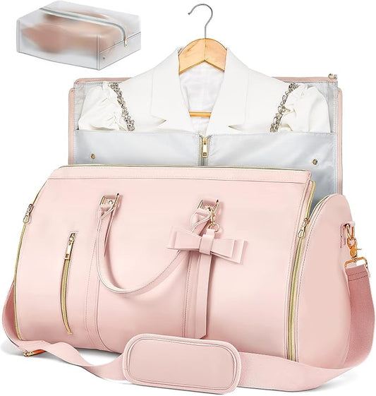 Garment Bags for Travel, Convertible Suit Travel Bag for Women, Stylish Carry On Garment Bag with Toiletry Pocket, Shoulder Strap and Shoes Compartment, 2 in 1 Foldable PU Leather Duffle Bag, Pink