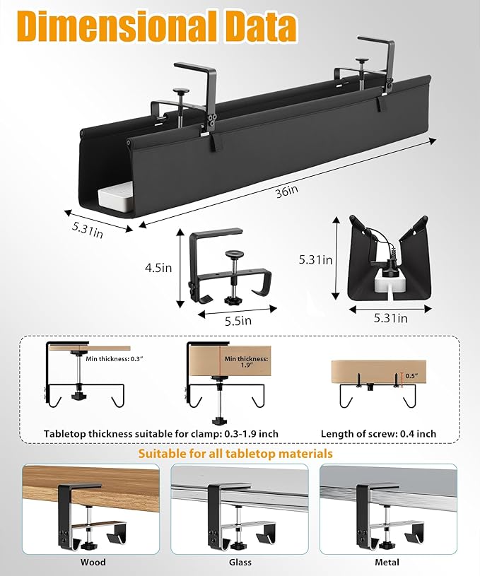 Oxford Cloth Under Desk Cable Management Tray, No-Drill 36" Desk Cable Management Organizer with Clip/Screw Installation, Fabric Cable Management for Home, Office & Gaming Computer (Black)