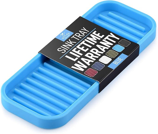 Zulay Kitchen (9x3.5) Silicone Sponge Holder for Kitchen Sink - Flexible Multipurpose Kitchen Soap Tray Sponge Holder - Sink Organizer Tray for Kitchen, Bathroom, Makeup, Trinkets & More (Blue)