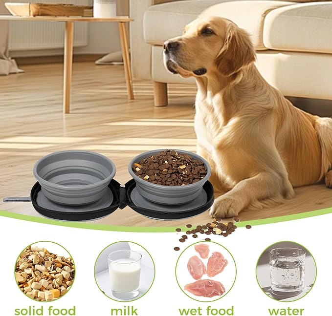 2-in-1 Dual Sided Collapsible Pet Bowl,Foldable Travel Dog Bowls, 2 in 1 Pet Bowl Portable Silicone Collapsible Cat Food and Water Bowl for Travel, Hiking and Walking, Bowls for Pet Food Serving