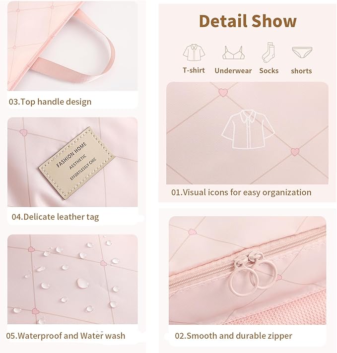 7-in-1 Travel Storage Bag, Foldable Hanging Packing Cube with Compartments for Clothes, Pink