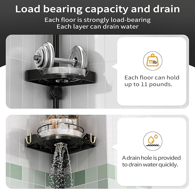 360° Rotating Shower Caddy Tension Pole, 3 Tiers Corner Shower Organizer for Bathroom Shelf Bathtub, Adjustable Standing Shower Rack Bathroom Accessories, Easily Assemble, 34-124 Inch Height, Black